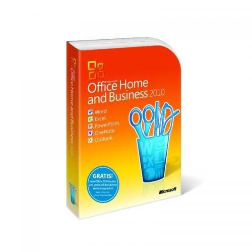 Microsoft Office 2010 Home & Business software box with logo and detailed product information on the front.