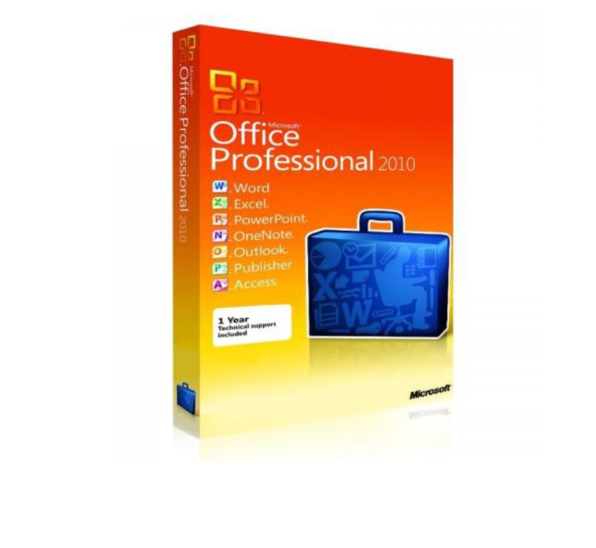 Microsoft Office 2010 Professional software box with logo and features displayed on the front.