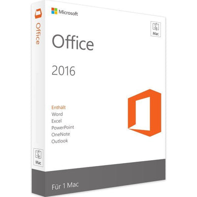 Microsoft Office 2016 Standard for Mac software box featuring logo and product details on a white background.