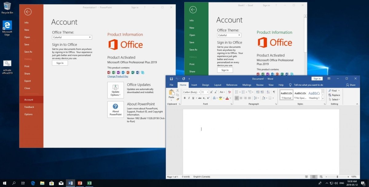 Microsoft Office 2019 Home and Student software box featuring Word, Excel, and PowerPoint logos on a white background.