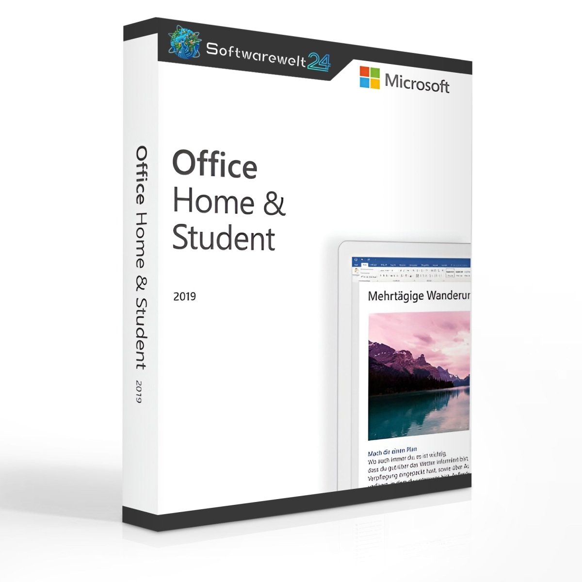 Microsoft Office 2019 Home and Student software box with logo and icons for Word, Excel, and PowerPoint.