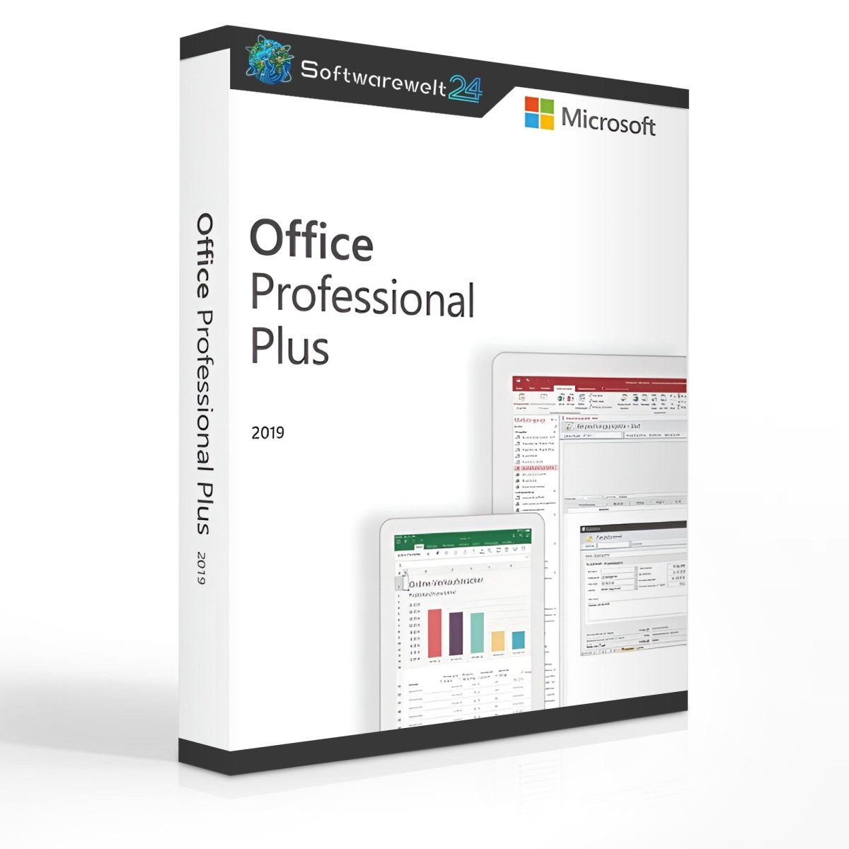 Microsoft Office 2019 Professional Plus software box with logo and product details displayed on the front.