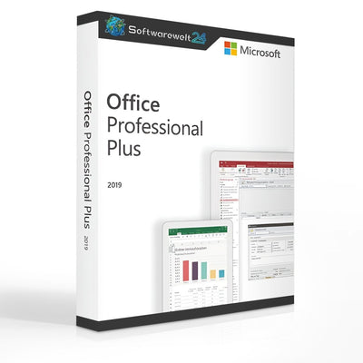 Microsoft Office 2019 Professional Plus software box with logo and product details displayed on the front.