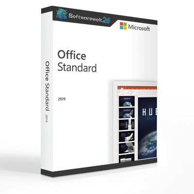 Microsoft Office 2019 Standard Multilanguage software box with logo and product details on a white background.