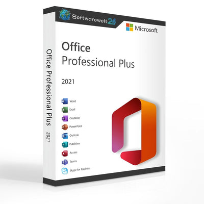 Microsoft Office 2021 Professional Plus software box featuring logo and product details on a white background.