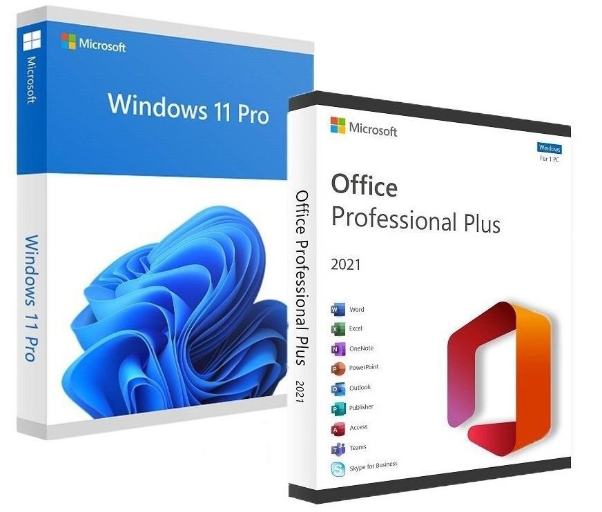 Microsoft Office 2021 Professional Plus and Windows 11 Professional bundle packaging displayed on a white background.