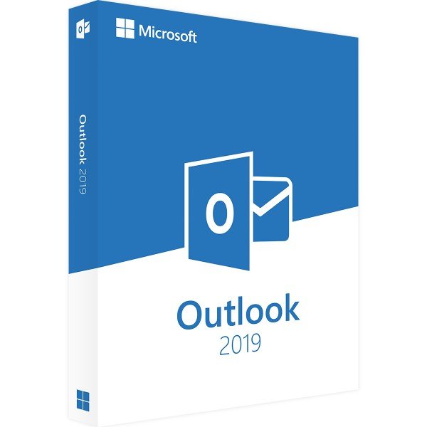 Microsoft Outlook 2019 software box with logo, featuring email and calendar management tools on a white background.