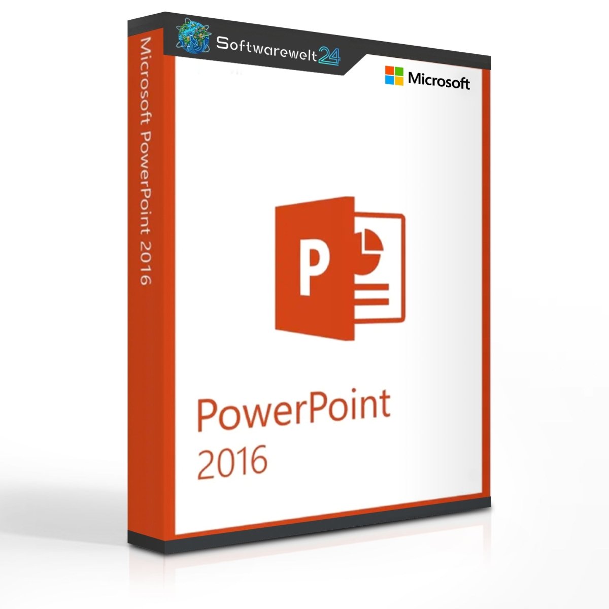 Microsoft PowerPoint 2016 software box featuring a modern design and logo, ideal for creating presentations.