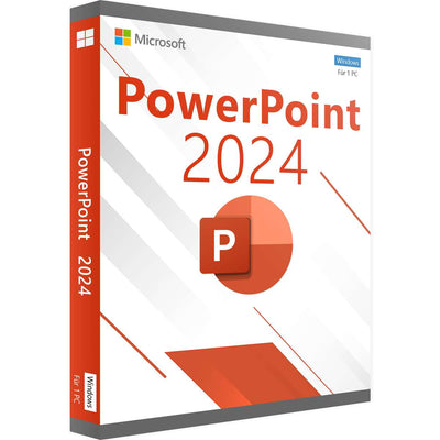 Microsoft PowerPoint 2024 for Windows software box with colorful graphics and user interface preview.