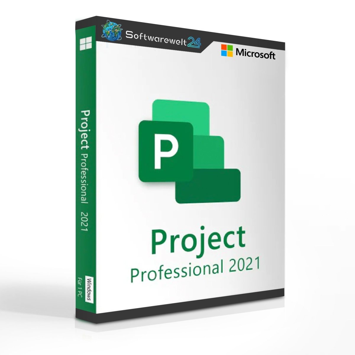Microsoft Project 2021 Professional software box with a modern design and logo, showcasing project management features.