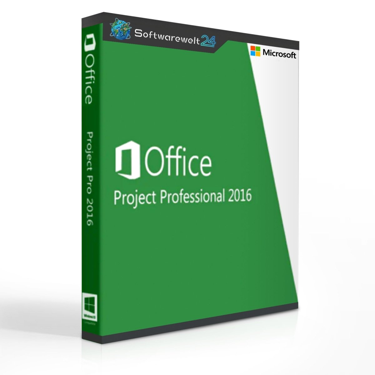 Microsoft Project Professional 2016 software box featuring a blue design and logo, showcasing project management tools.