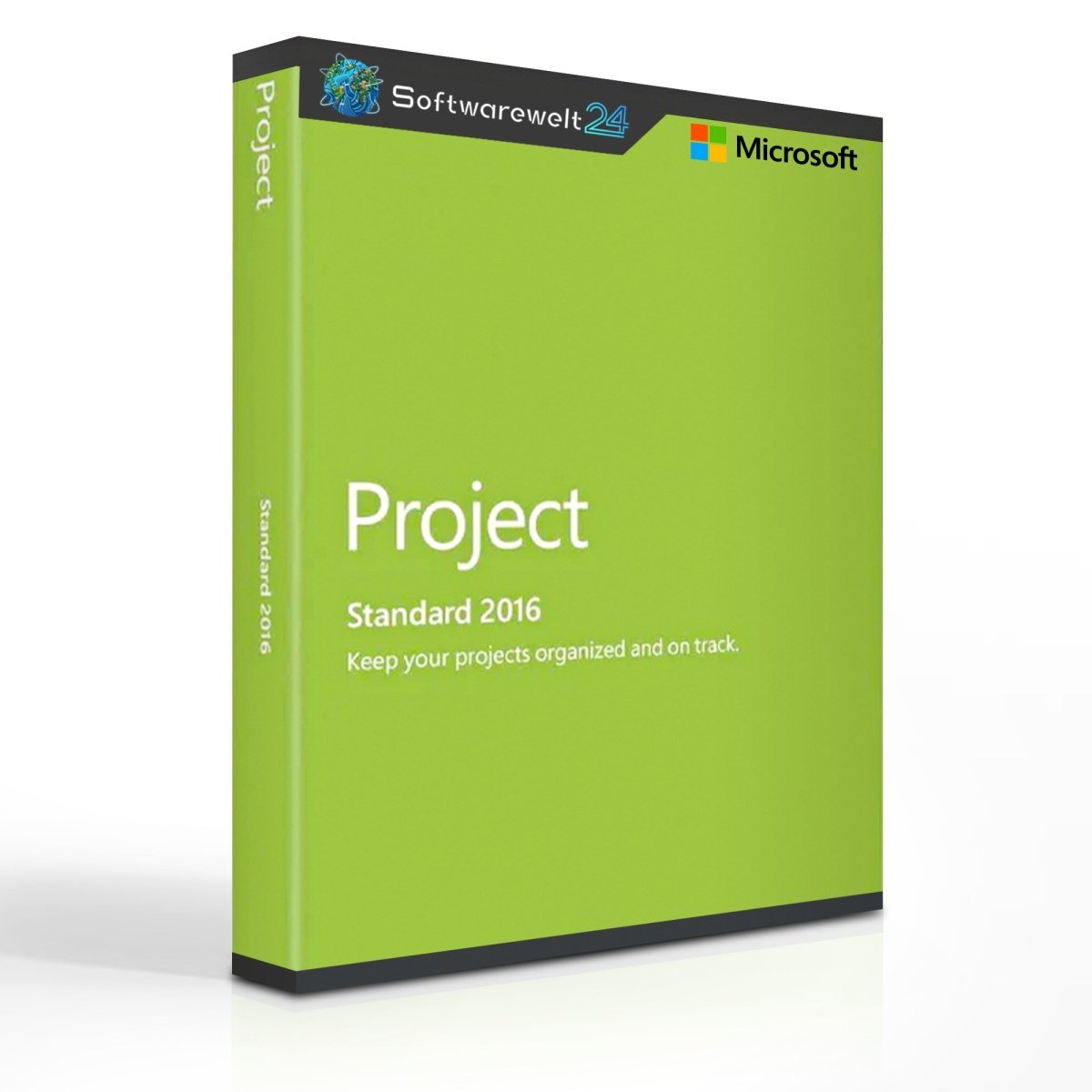 Microsoft Project Standard 2016 software box with a sleek design, featuring project management tools and features.