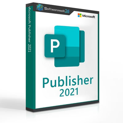 Microsoft Publisher 2021 for Windows software box with logo and design elements on a white background.