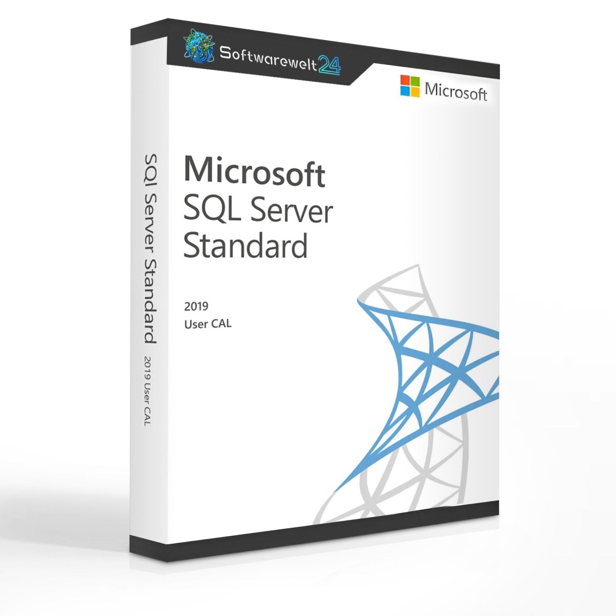 Microsoft SQL Server 2019 User software box with logo and branding, showcasing the product's design and features.