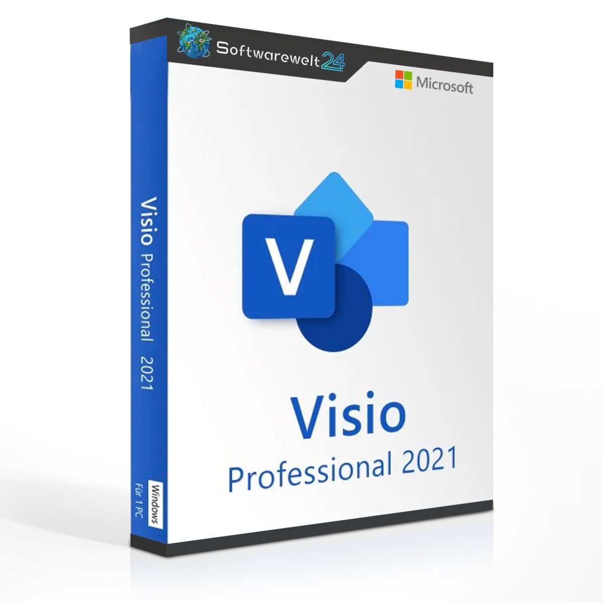 Microsoft Visio 2021 Professional software box for Windows with a sleek design and clear branding.