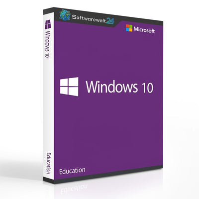 Microsoft Windows 10 Education software box with logo and educational features highlighted on the front cover.