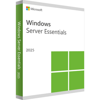 Microsoft Windows Server 2025 Essentials software box with sleek design and logo, showcasing modern server capabilities.