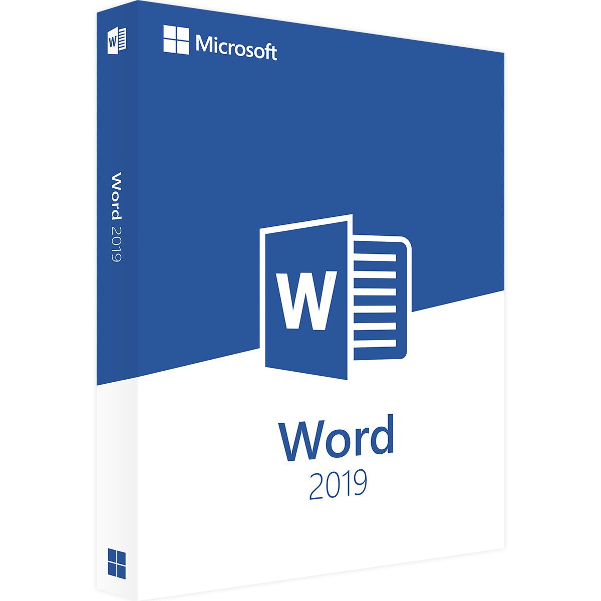 Microsoft Word 2019 software box for Windows with logo and design elements prominently displayed on the front.