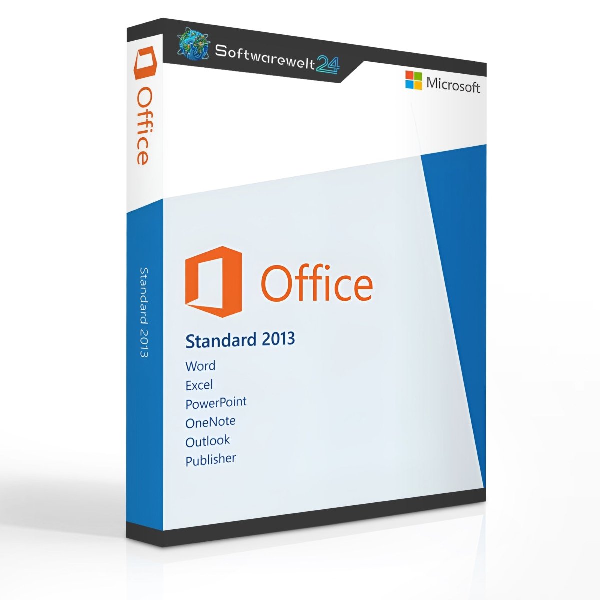 Microsoft Office 2013 Professional software box featuring logo and product details on a clean white background.