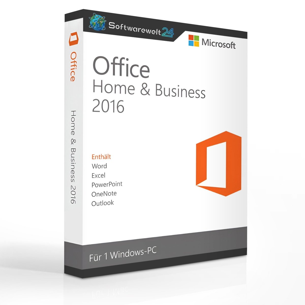Microsoft Office 2016 Home & Business software box with logo, showcasing productivity applications for home and office use.