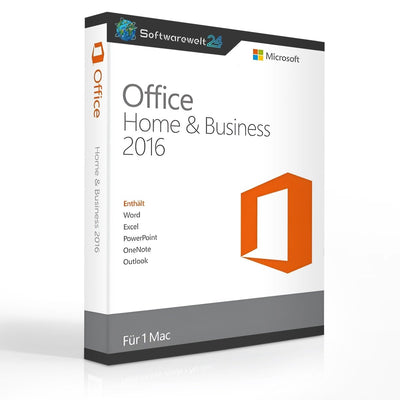 Microsoft Office 2016 Home & Business software box for Mac with visible logo and product details.