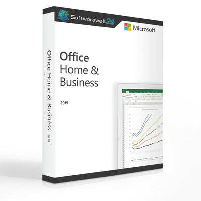 Microsoft Office 2019 Home and Business software for Mac displayed in packaging with a modern design.