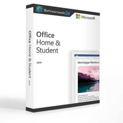 Microsoft Office 2019 Home and Student software box for Mac with logo and product details on the front.