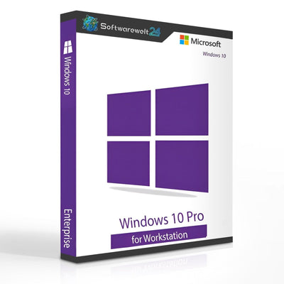 Windows 10 Pro for Workstation software box by Microsoft, showcasing professional features and system requirements.