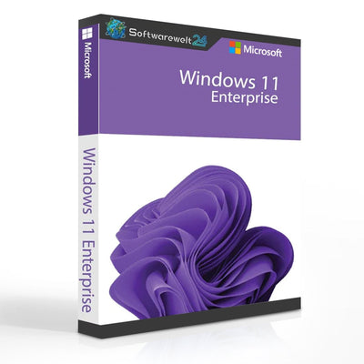 Windows 11 Enterprise software box featuring the Microsoft logo and a sleek design with a blue and white color scheme.