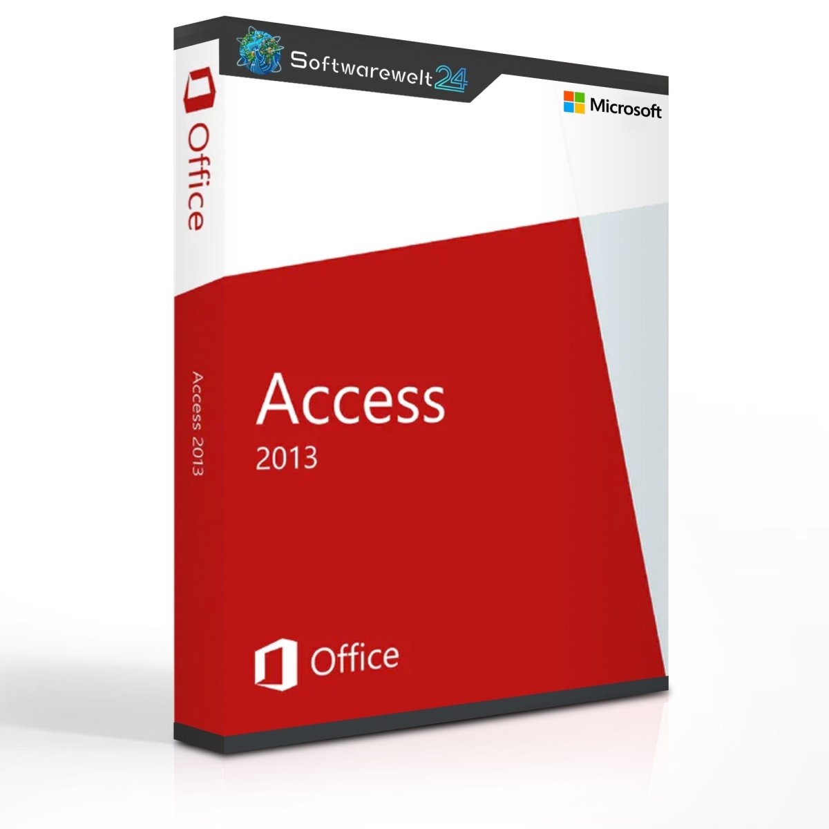Microsoft Access 2013 software box featuring a modern design and branding elements from Softwarewelt24.