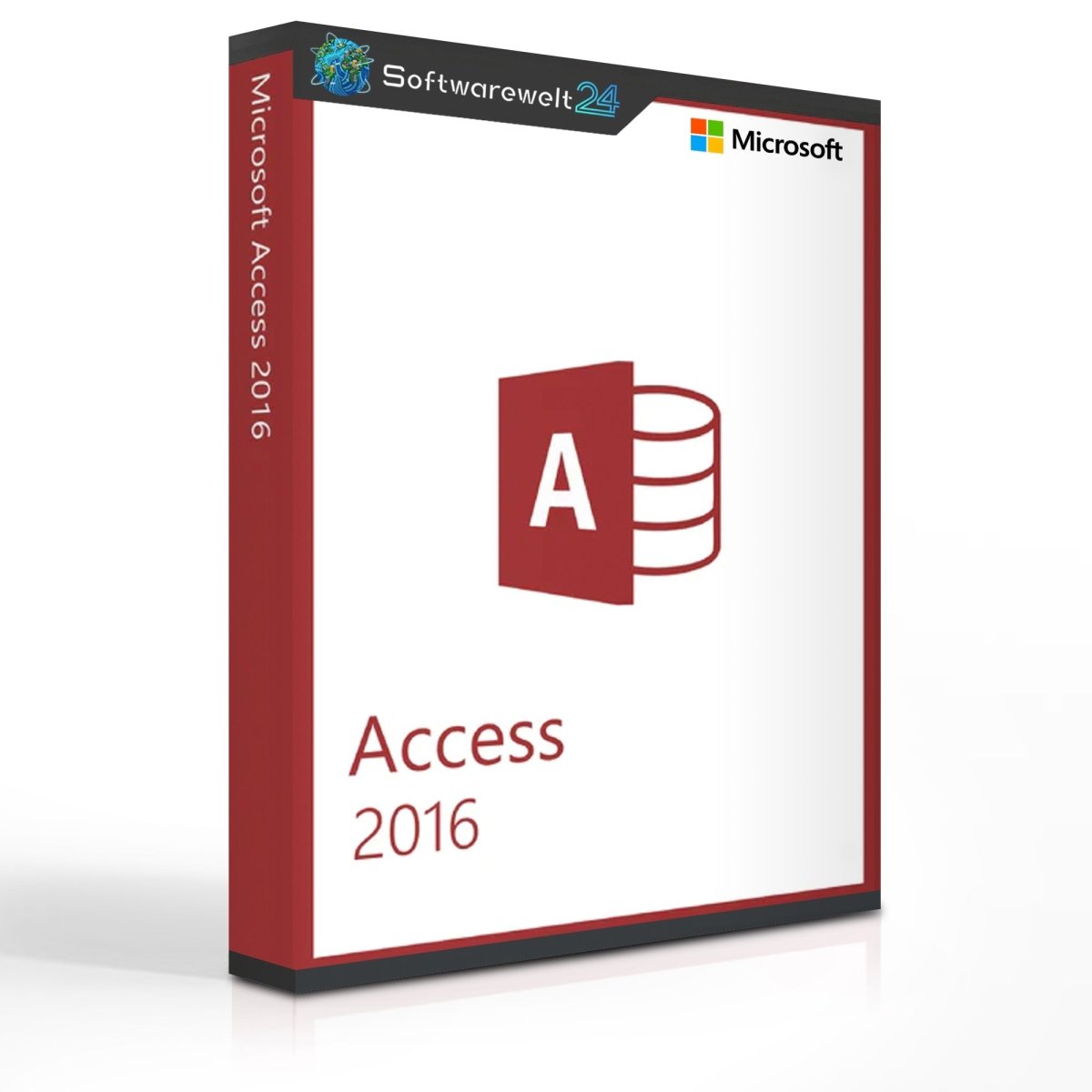 Microsoft Access 2016 software box with logo and design elements, showcasing database management features and interface.
