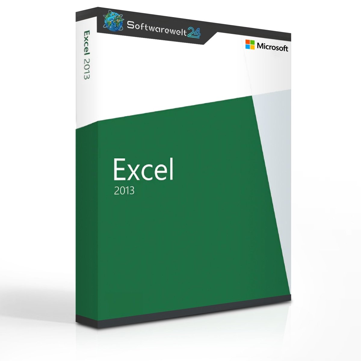 Microsoft Excel 2013 software box with logo and features illustrated on the front, showcasing spreadsheet capabilities.