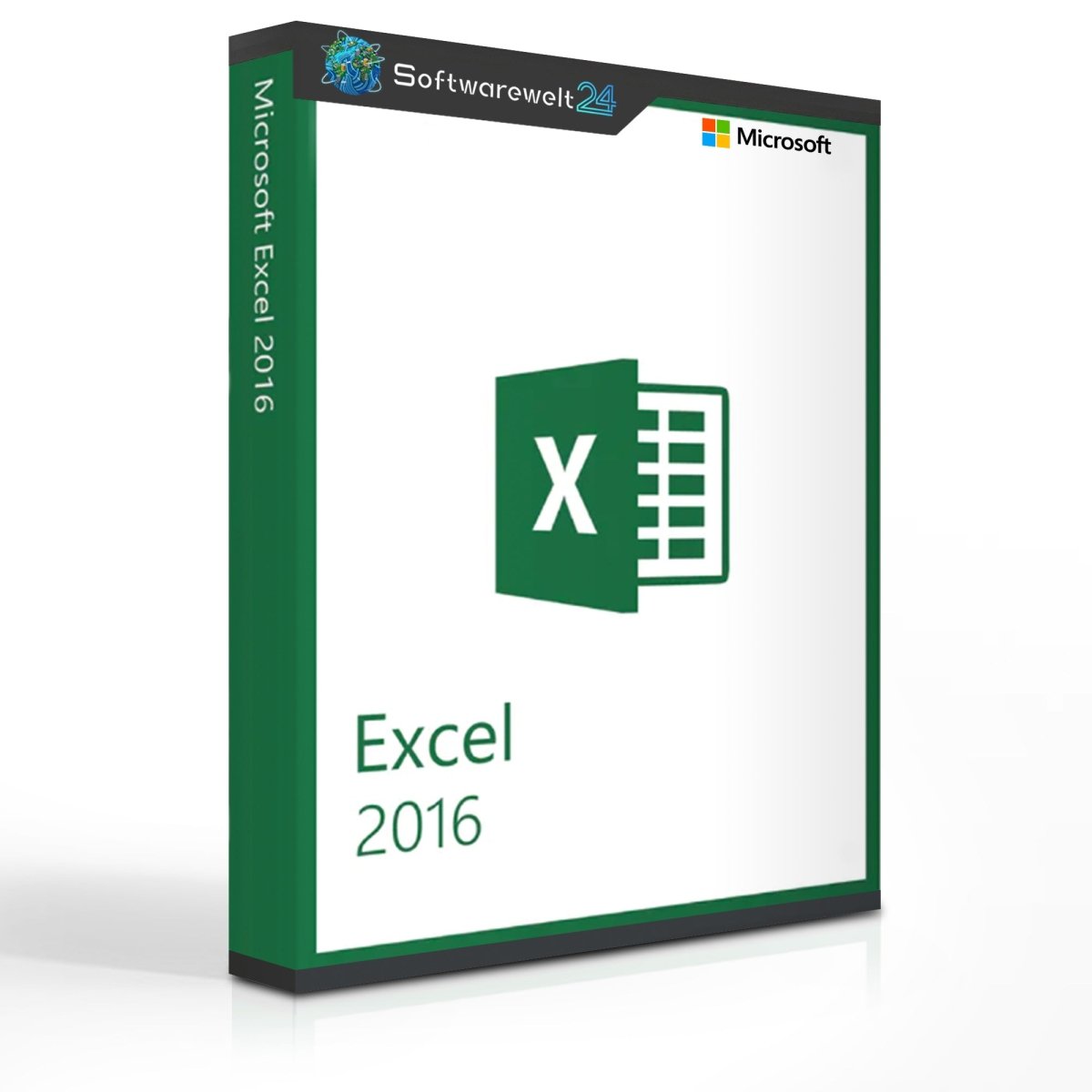 Microsoft Excel 2016 software box with logo and design elements, showcasing the application for data organization and analysis.