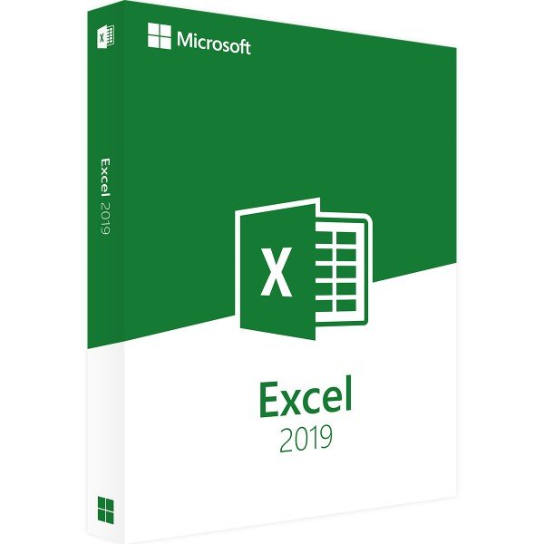 Microsoft Excel 2019 software box featuring a green interface and logo on a white background.