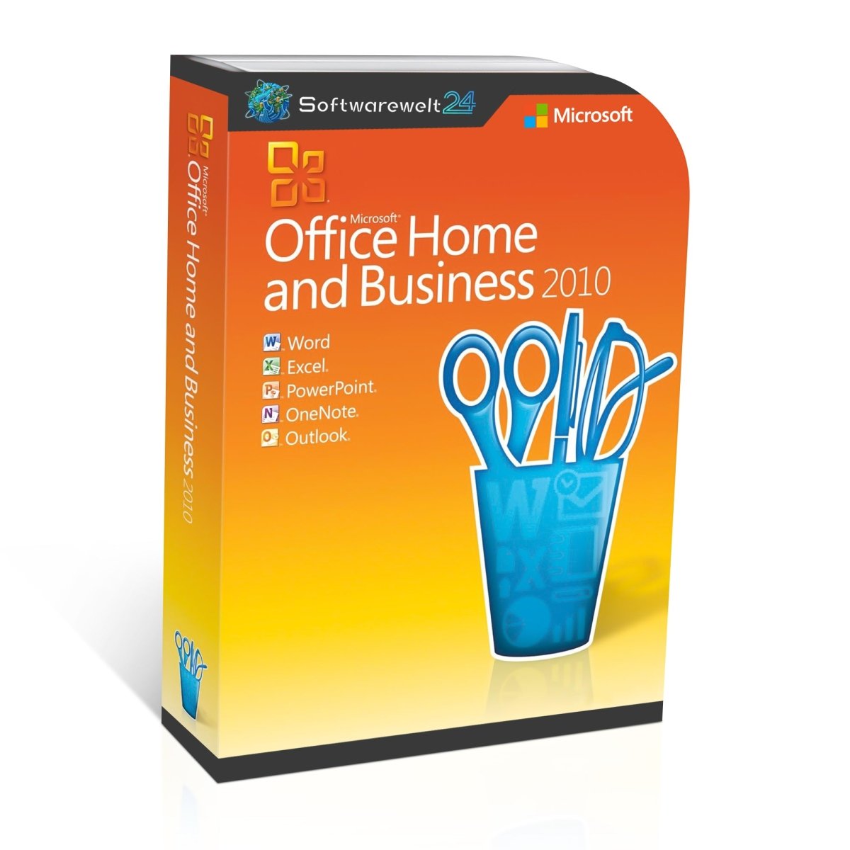Microsoft Office 2010 Home and Business software box with logo and key features displayed on the front.
