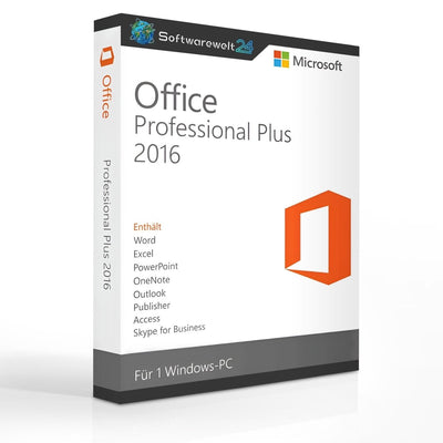 Microsoft Office 2016 Professional software packaging with detailed features and download instructions displayed.