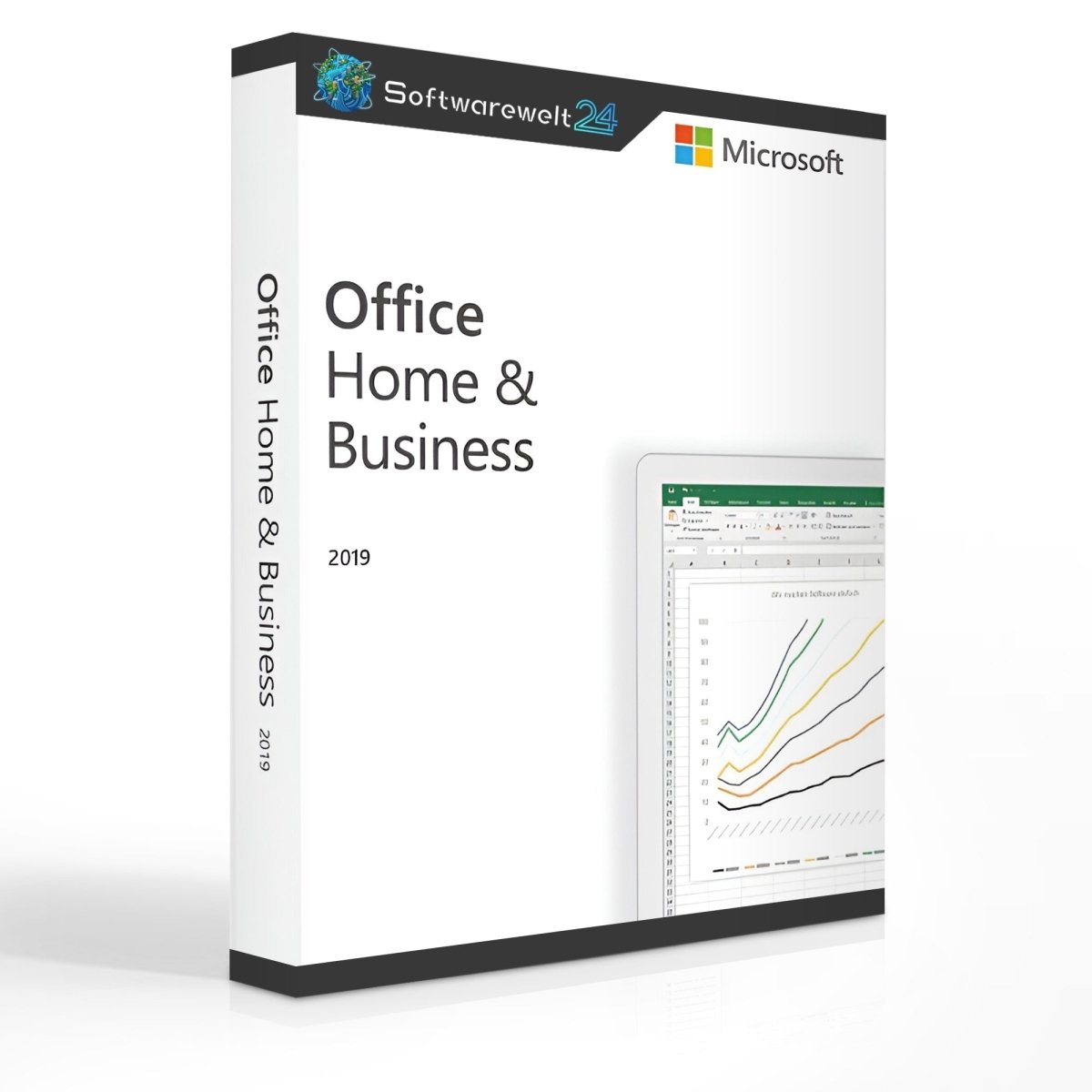 Microsoft Office 2019 Home and Business software box with logo, showcasing installation media and user guide.