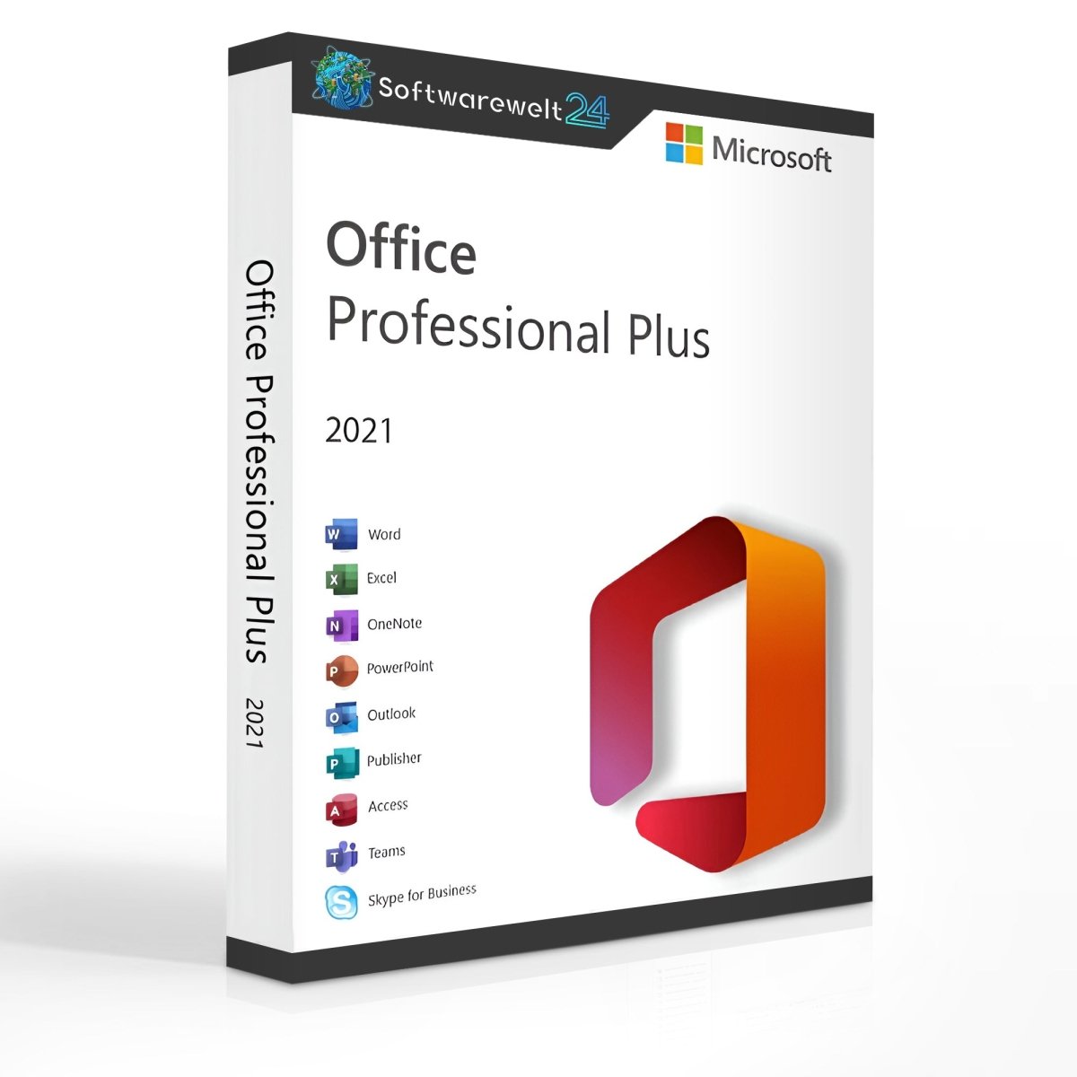 Microsoft Office 2021 Professional Plus software box with icons for Word, Excel, PowerPoint, and more on a white background.