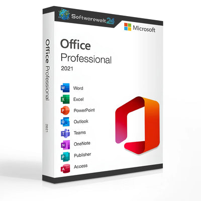 Microsoft Office 2021 Professional software box featuring logo and product details on a clean white background.