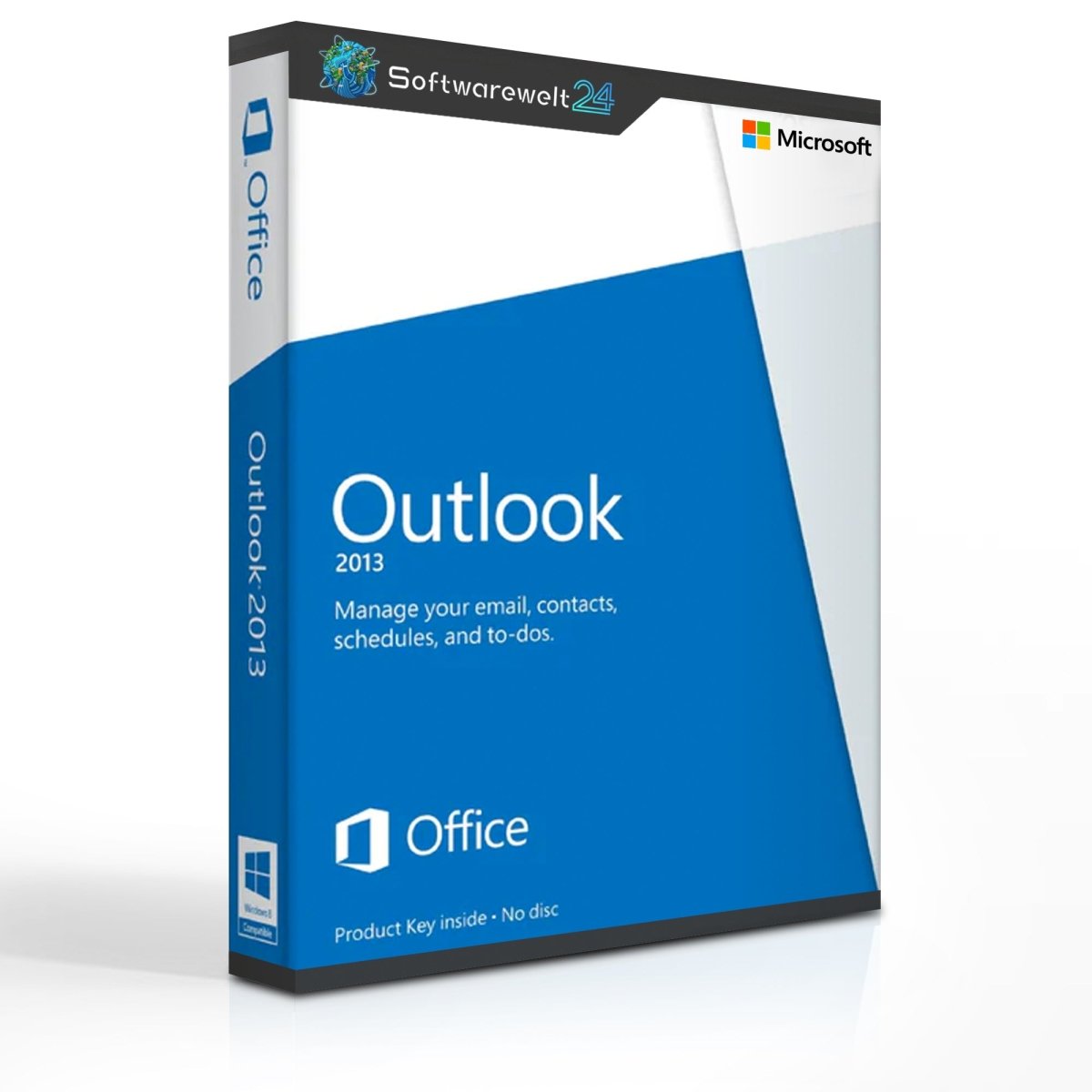 Microsoft Outlook 2013 software box with logo, showcasing a sleek design and user-friendly interface.