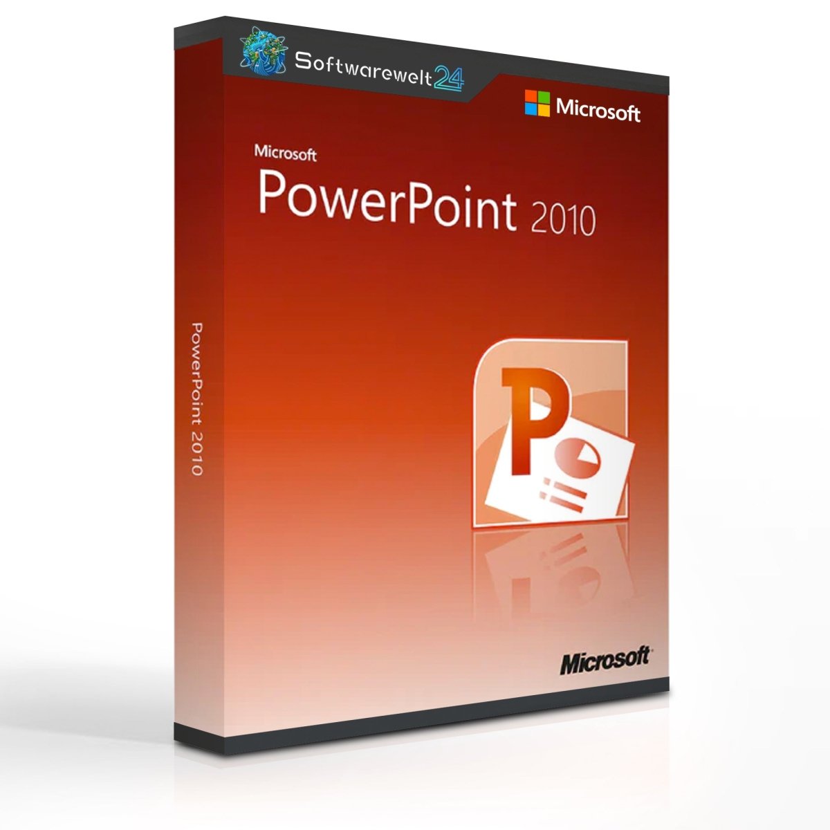 Microsoft PowerPoint 2010 software box featuring a colorful design and user-friendly interface for presentations.