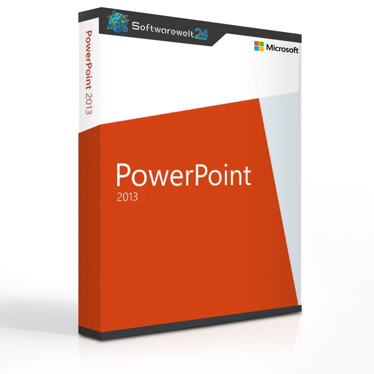 Microsoft PowerPoint 2013 software box featuring a colorful design and user interface elements.