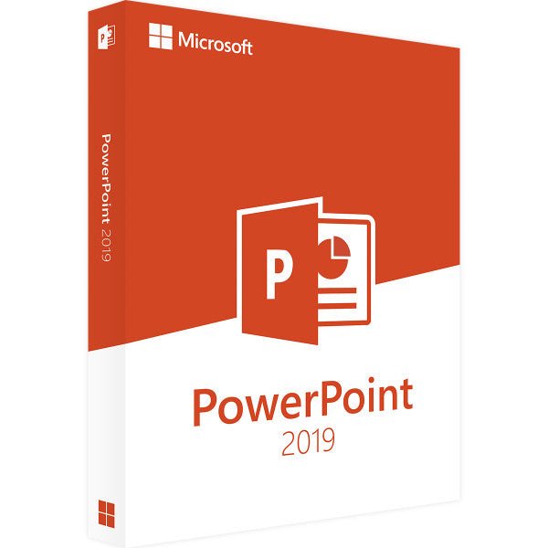 Microsoft PowerPoint 2019 software box featuring the brand logo and colorful design elements on a white background.
