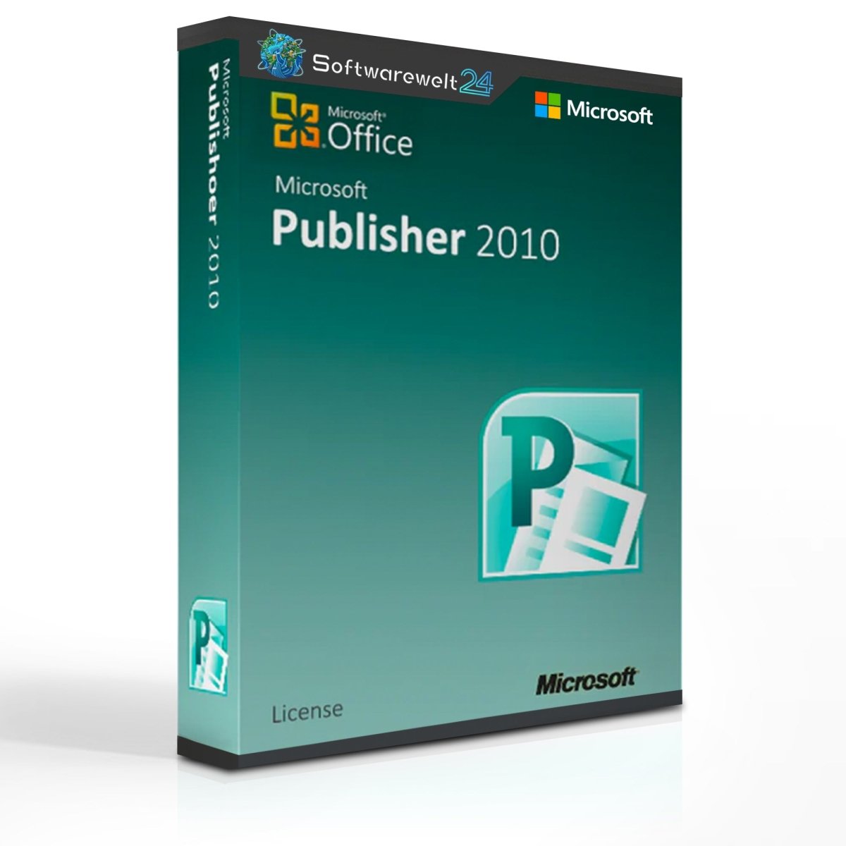 Microsoft Publisher 2010 software for Windows displayed in its packaging with a user-friendly interface screenshot.