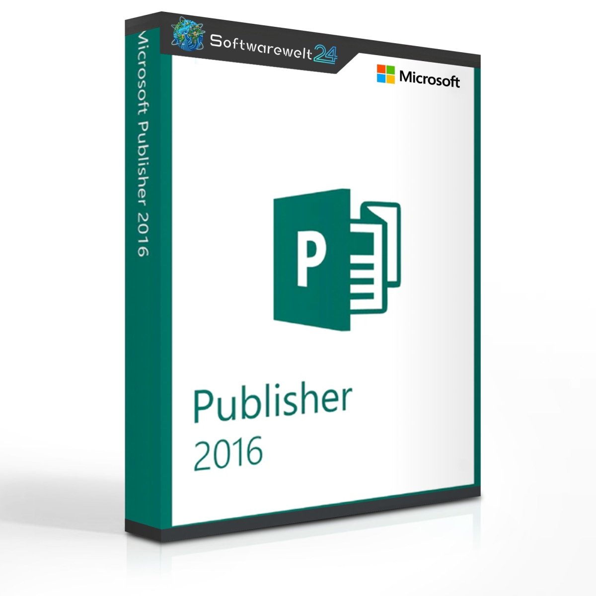 Microsoft Publisher 2016 software box with logo and design elements on a white background.