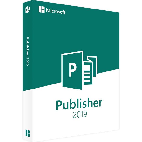 Microsoft Publisher 2019 ESD ML software box with logo and design elements displayed on a white background.