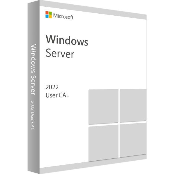 Microsoft Windows Server 2022 User-CAL for 5 users, featuring a sleek design with clear labeling and software details.