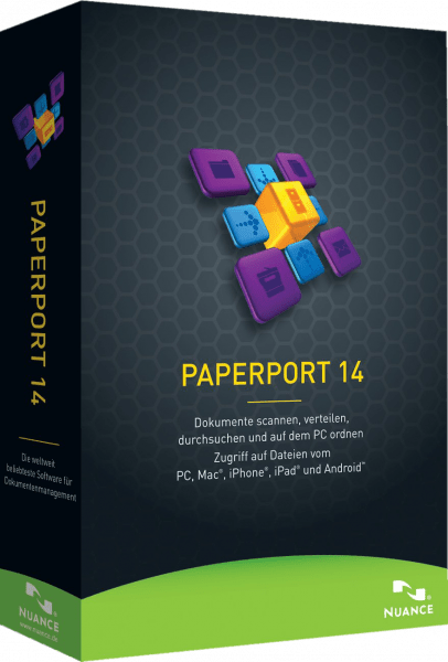 Nuance PaperPort Professional 14 software box with detailed graphics and user interface displayed on the front.
