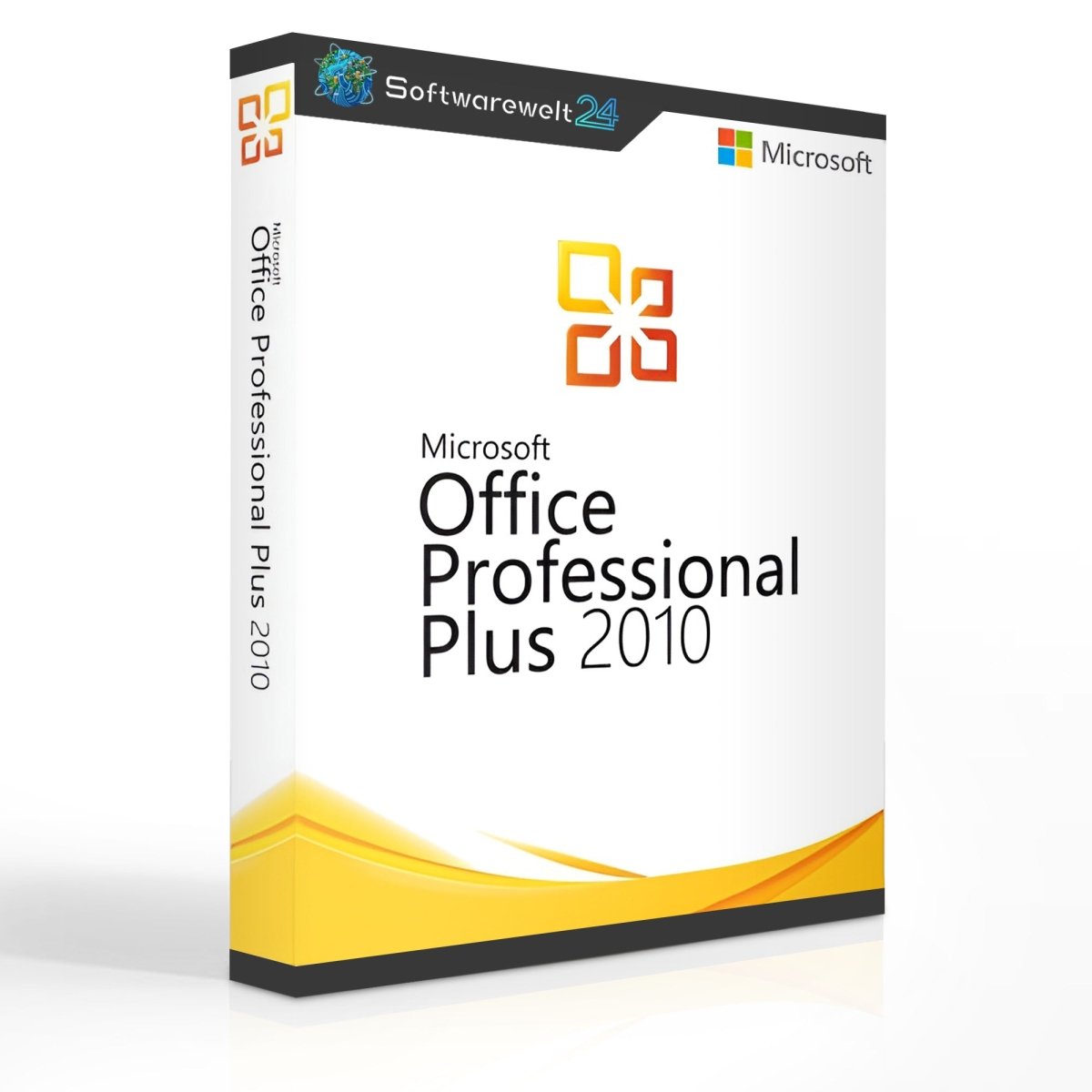 Microsoft Office 2010 Professional Plus software package with desktop application icons and product features displayed.