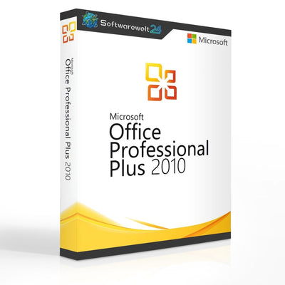 Microsoft Office 2010 Professional Plus software package with desktop application icons and product features displayed.